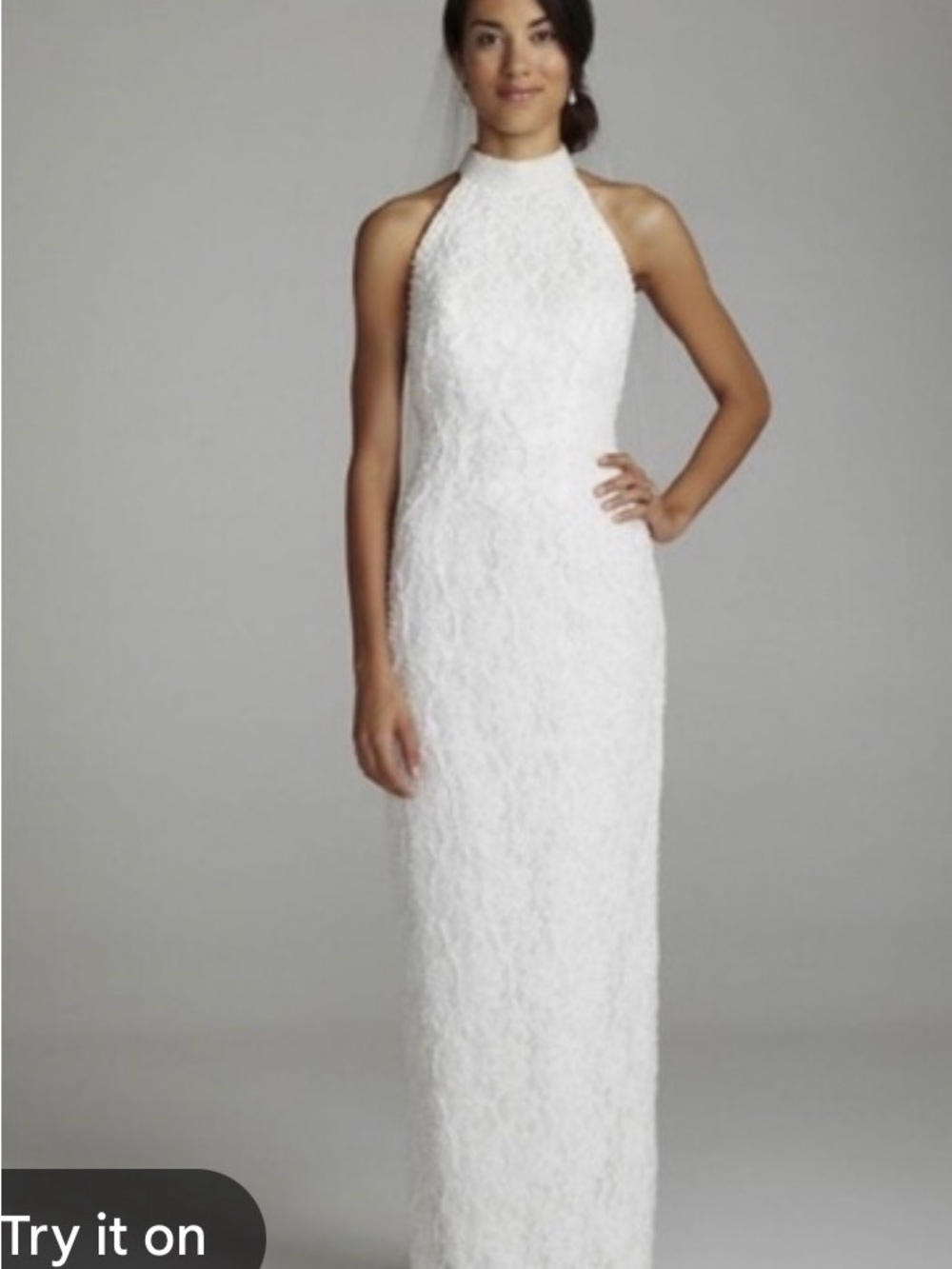 High-Neck White Lace Pearl Beaded Bridal Maxi Dress